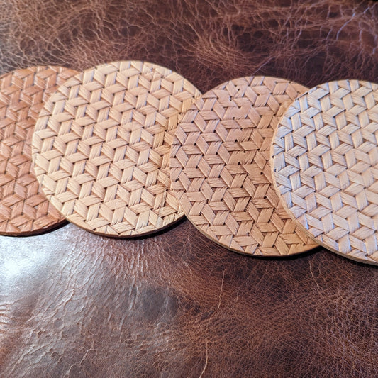 Leather Coaster Set, 4-piece | Hand-Stamped Woven Pattern